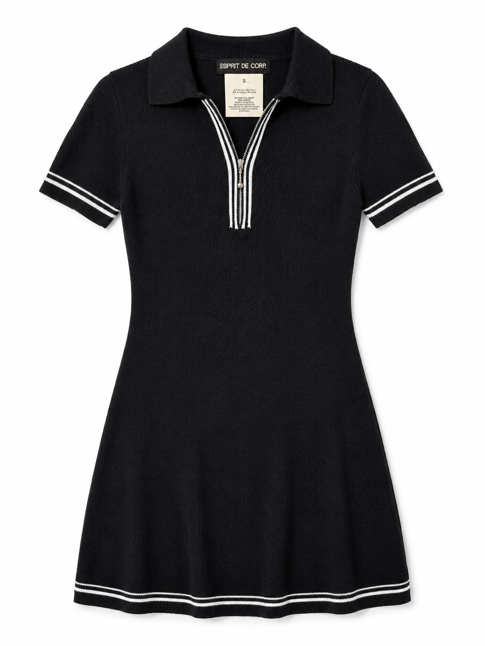 Vintage Esprit Knit Zip Polo Sweater Dress Black Tenniscore 90s Minimalist Small